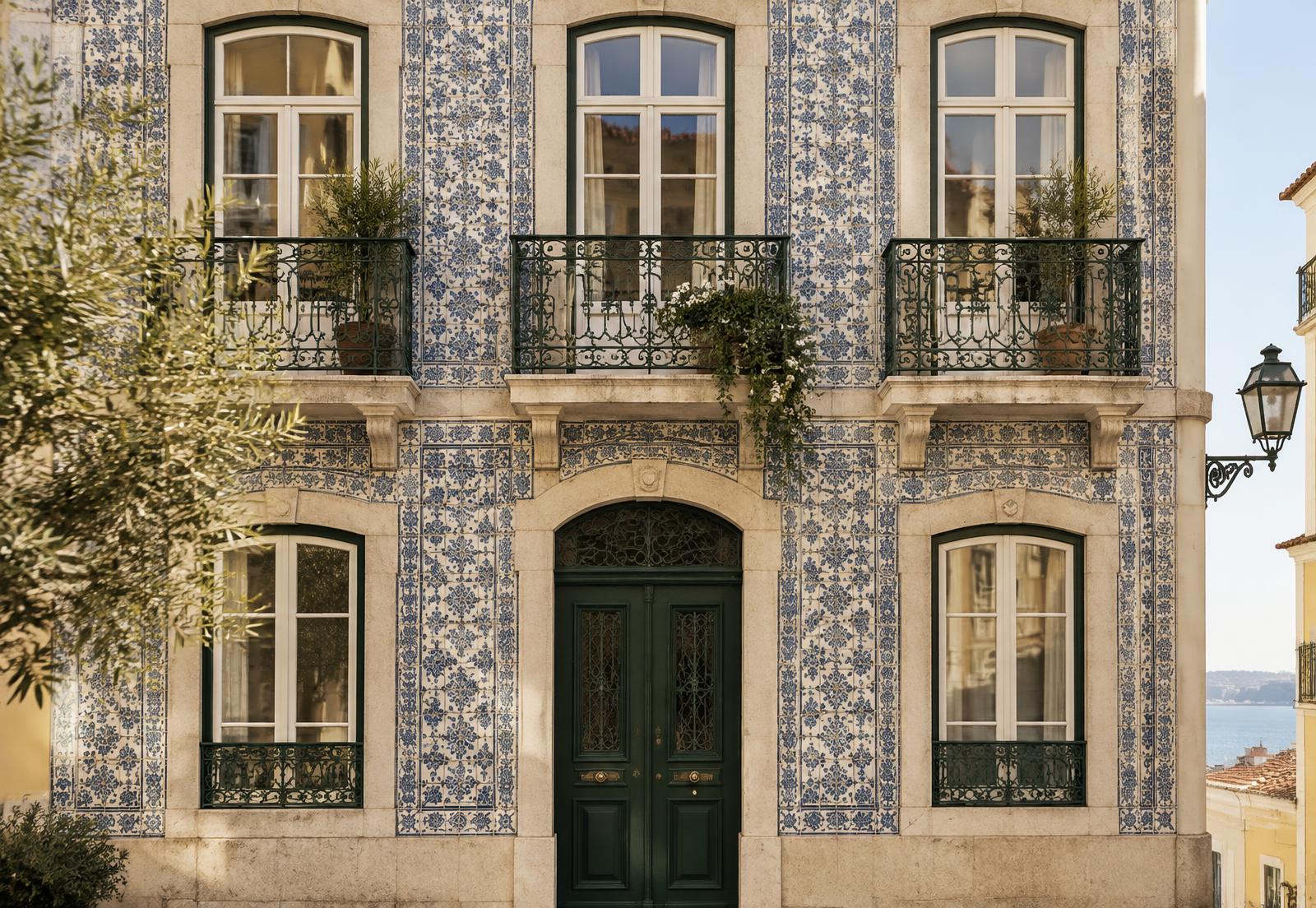 Calm stone facade of a Portuguese hillside house in morning light